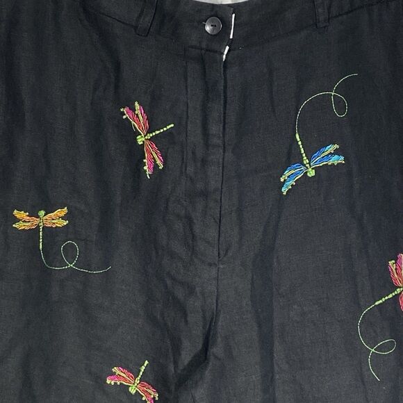 Vintage PARAPHRASE Capri Pants Linen Embroidered Beads Dragonfly Womens 14 Black - Picture 3 of 10